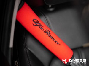 Seat Belt Shoulder Pads - set of 2 - Red w/ Alfa Romeo Logo + Black Binding Seat Belt Shoulder Pads - set of 2 - Red w/ Alfa Romeo Logo + Black Binding